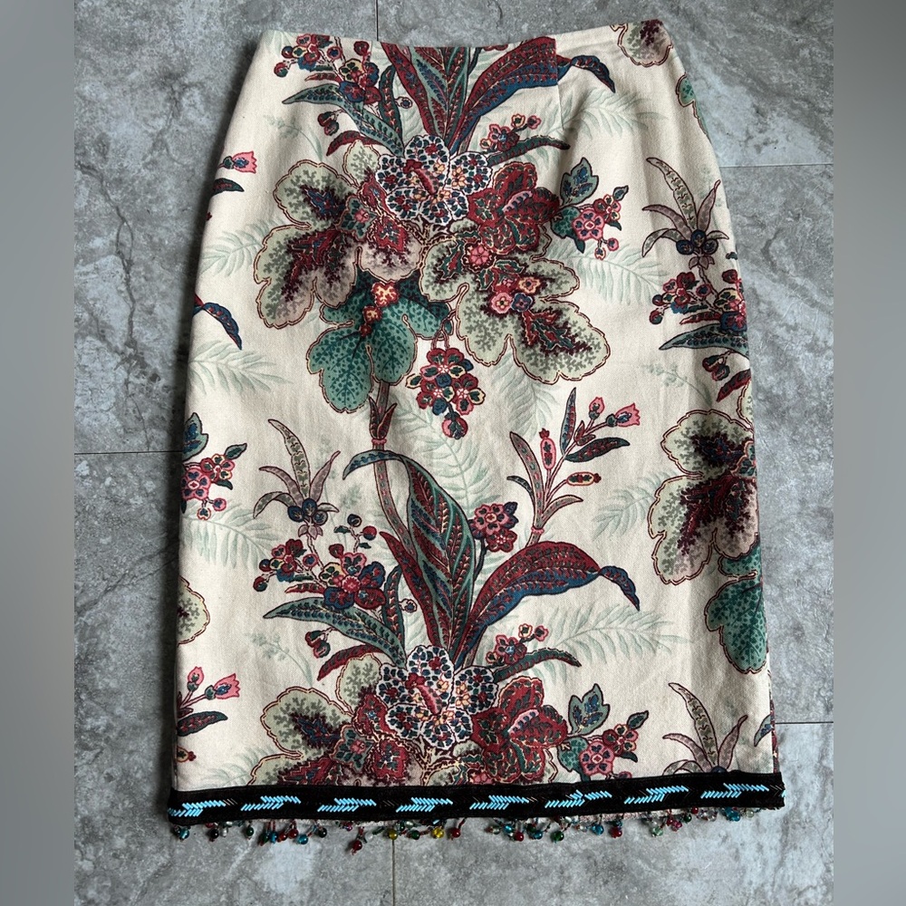 Vintage Mica Multicolor Floral Print Skirt with Beaded Fringe Size 6
